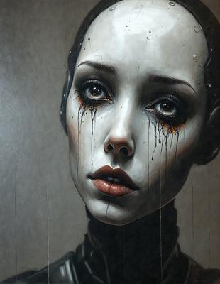 The primary subject of the image is a woman with a black shirt and a black necklace. She has a sad expression on her face, with tears dripping down her cheeks. The setting is a dark room, and the visual style appears to be a painting or drawing. The colors in the image are predominantly black, with some white and red accents. The overall atmosphere of the image is somber and emotional.